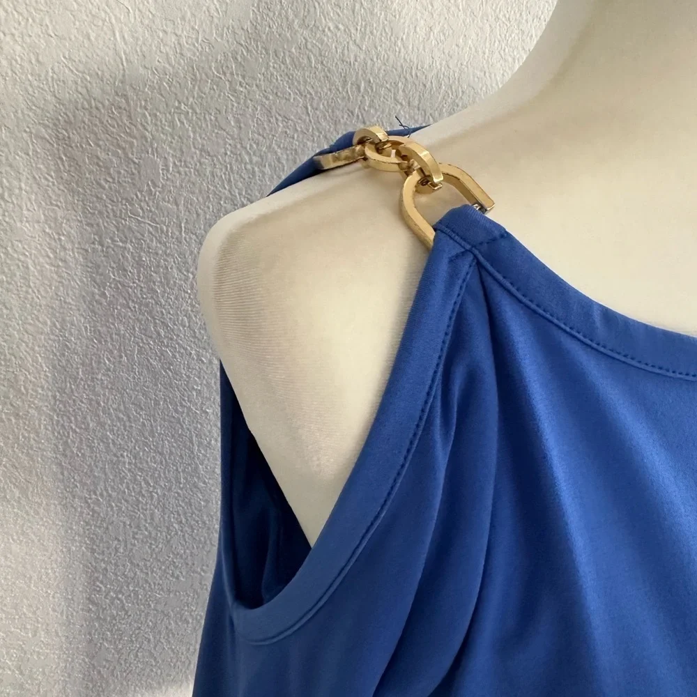 Michael Kors Royal Blue Cold Shoulder Blouse with Gold Shoulder Chain Accents